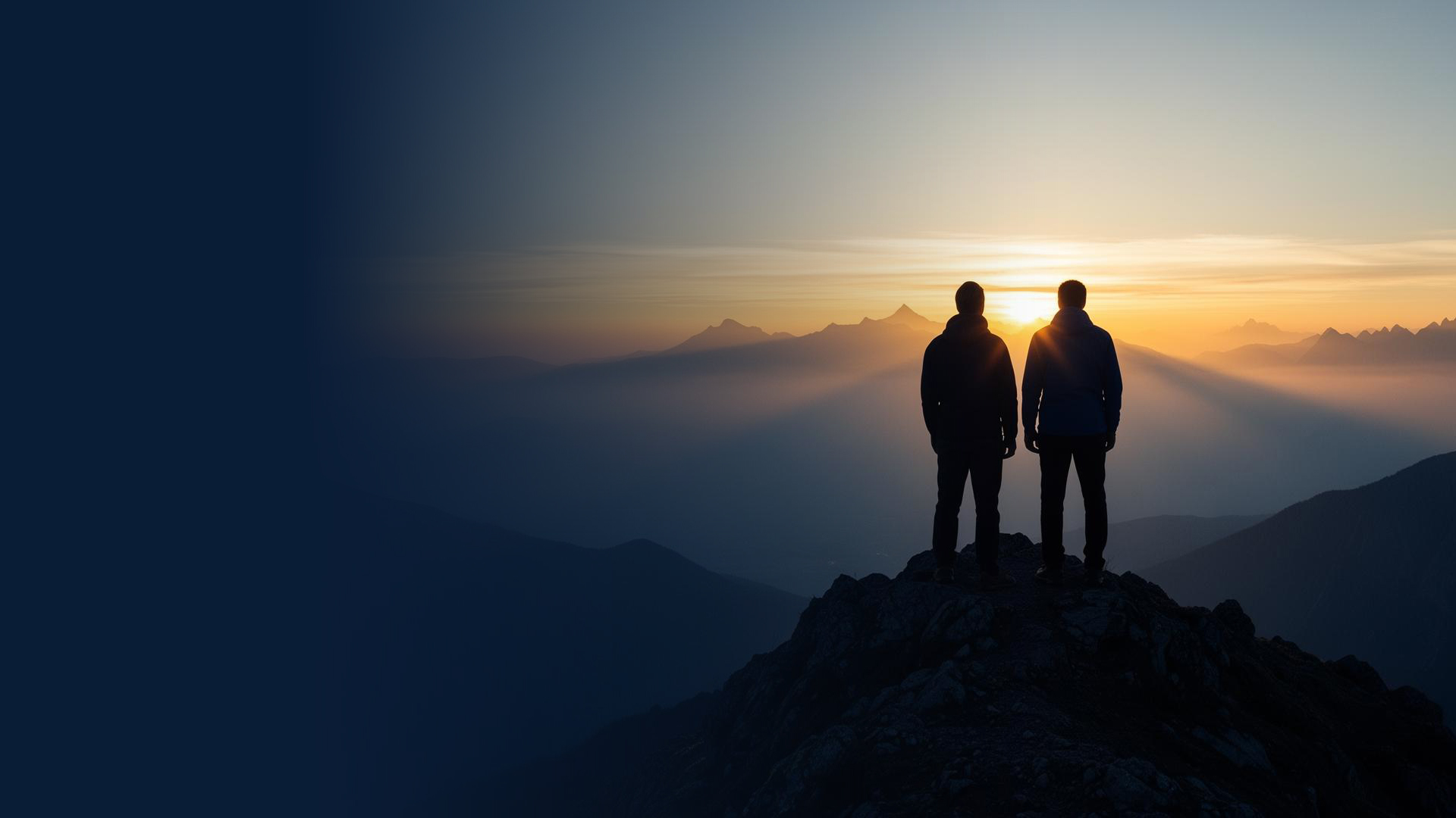 Two figures standing at a mountain summit at sunrise